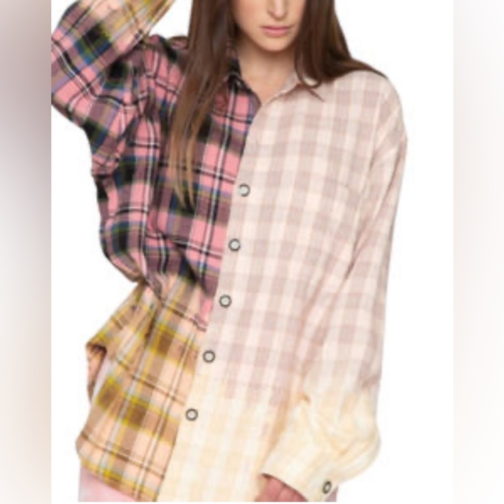 Womens Patchwork Plaid Button-Down Shirt - Pink